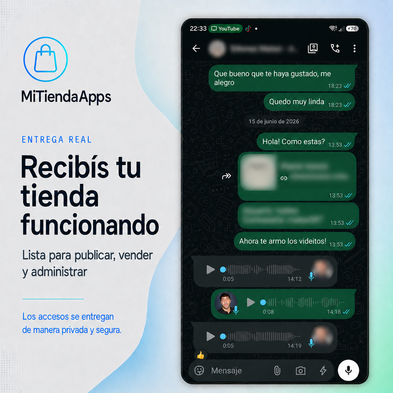 Captura real de WhatsApp de la entrega privada y segura de una tienda online terminada